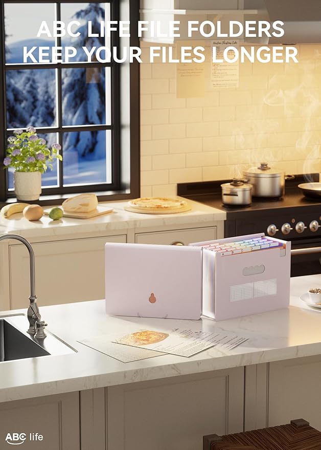 ABC life 26 Pockets Accordian File Organizer Expanding File Folders, Portable Letter A4 Size Filing Box,Plastic Monthly Receipt Document Organizer with Colored Tabs (Pinkish Purple)-DeskLoop Office