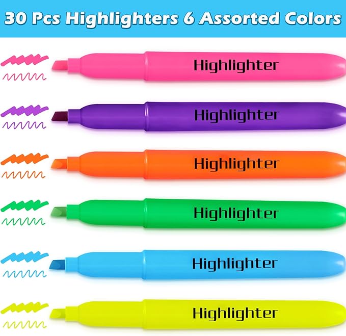 V-Opitos 30 Pack Highlighters in 6 Assorted Colors, No Bleed, Bright With Soft Chisel Tips, Ideal for Office and School Supplies-DeskLoop Office