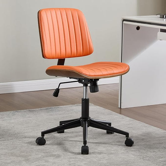 Small Home Office Chair - Armless Mid Back Desk Chair with 360° Swivel and Wheels, PU Upholstered Height Adjustable Modern Walnut Computer Chair for Home, Office Meeting Room - Orange-DeskLoop Office