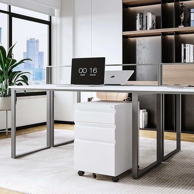 Letaya 3 Drawer Mobile File Cabinet with Lock, Under Desk Metal Rolling Filing Cabinets for Home Office Organizer Letters/Legal/A4 (White- Requires Installation) (White)-DeskLoop Office