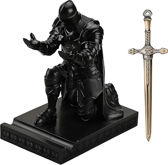 Medieval Armored Warrior Wearing Outerwear, Mobile Phone Stand Knight Pen Holder Desk Organizers, Resin Bookends Paperweight with a Letter Opener for Desk (Black)-DeskLoop Office