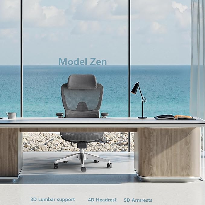 Ergonomic Office Chair, Mesh Home Office Desk Chair with Adjustable Lumbar Support, Gaming Chair with Headrest, 5D Armrest,90-130°Tilt, BIFMA Certified, Model Zen (Grey)-DeskLoop Office