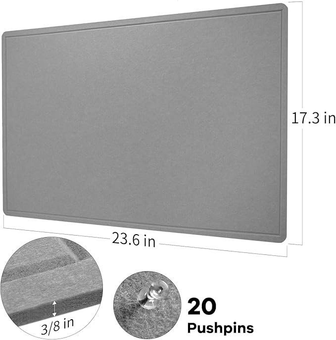 Bulletin Board, 24 x 18 inches Felt Board Decorative Pin Board, Cork Board Alternative for Wall, Foldable Photo Board Self-Adhesive Vision Board Mood Board with 20 Pushpins - Gray-DeskLoop Office