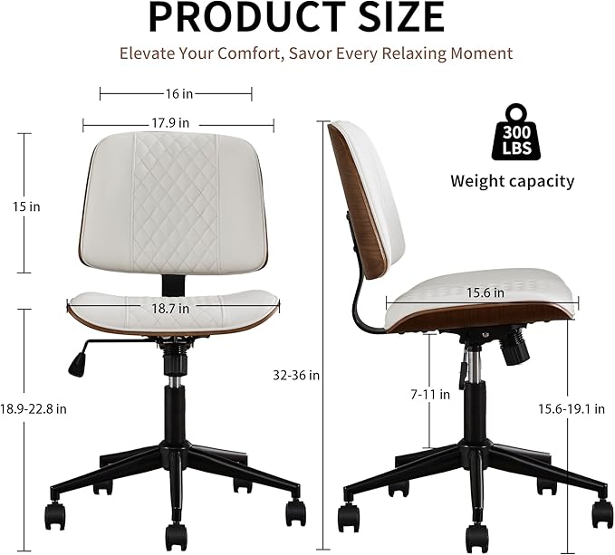 Small Home Office Chair - Armless Mid Back Desk Chair with 360° Swivel and Wheels, PU Upholstered Height Adjustable Modern Walnut Computer Chair for Home, Office Meeting Room - White-DeskLoop Office