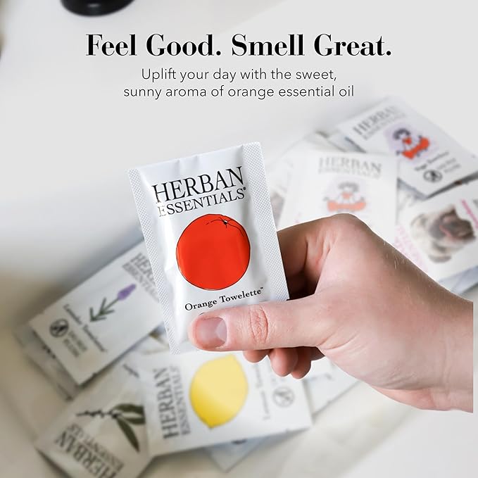 Herban Essentials - Orange Wipes & Towelettes - Essential Oil Wipes for Make Up, Hands, Face & Body - Travel Size Essentials & Toiletries - Natural, Individually Wrapped, Disposable & Moist (20 count)-DeskLoop Office