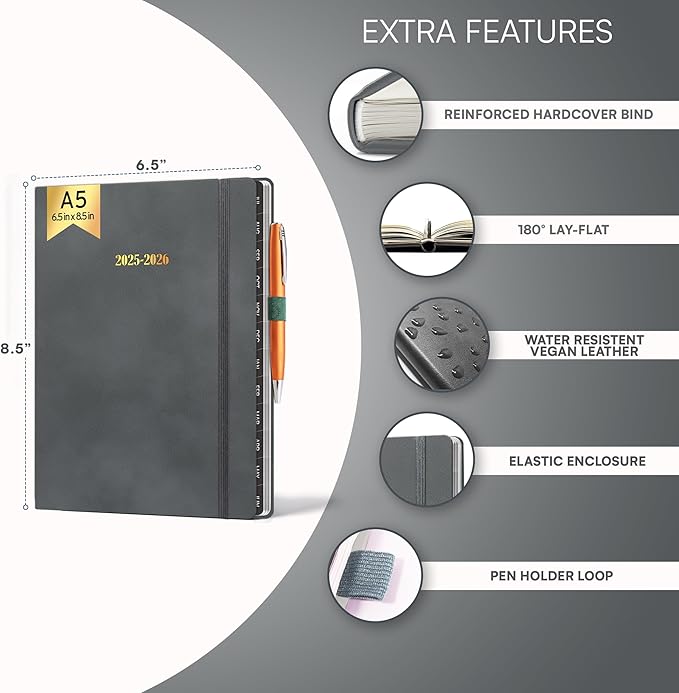 Ensight 2025-2026 HARDCOVER Leather Planner Weekly & Monthly - 6.5x8.5 Inches - Academic Planner Business Personal or Student - Pen Holder, Thick Paper, July 2025 - June 2026 (Grey)-DeskLoop Office