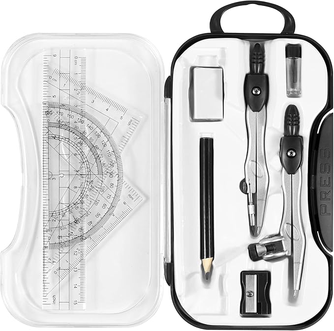 Math Geometry Kit Sets 10 Piece Student Supplies with Shatterproof Storage Box,Includes Rulers,Protractor,Compass,Eraser,Pencil Sharpener,Lead Refills,Pencil,for Drafting and Drawings(Black)-DeskLoop Office