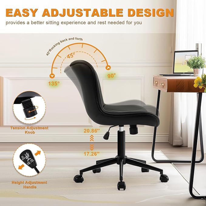 Office Chair, Armless Desk Chair with Wheels, Ergonomic Comfy Home Office Computer Task Chairs, Faux Leather Padded Cute Vanity Chair, Adjustable Height Swivel Chair with Back,Black-DeskLoop Office