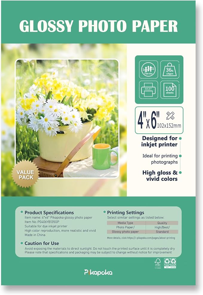 4x6 Glossy Photo Paper for Inkjet Printer, Thin Glossy Photo Paper for Chip Bags, 4R Photo Paper 36 lb, 100 Pack-DeskLoop Office
