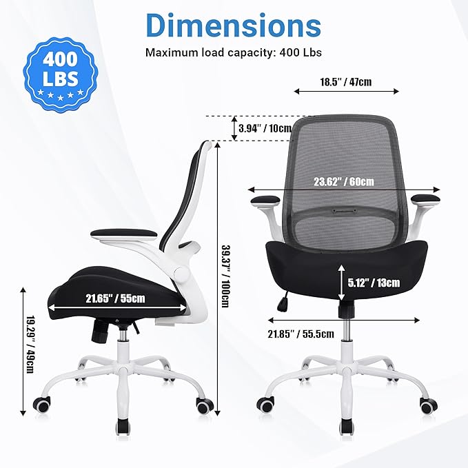 HYLONE Heavy Duty Office Chair, 5" Thickened Seat Ergonomic Desk Chair with Adjustable Armrests, Home Office Computer Chairs for Long Hours Mesh Executive Chair(White Base & Black)-DeskLoop Office