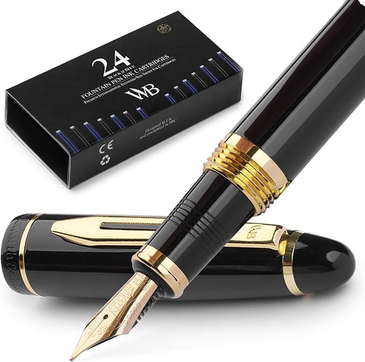 Wordsworth & Black Majesti Fountain Pen-(Black) Luxury Case, 24K Gold Finish; 18K Gilded Extra Fine Nib- Ink Cartridges, Refillable Ink Converter-Calligraphy Pen-Best Business Gift Set for Men & Women-DeskLoop Office