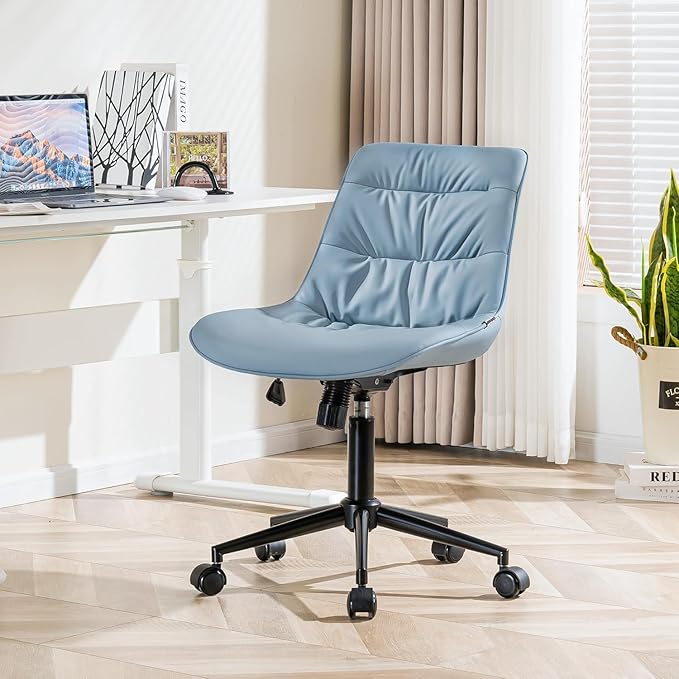 Kidol & Shellder Faux Leather Office Chair, Adjustable Swivel Height Task Chair, Rolling Wheels & Soft Backrest - Armless Ergonomic Desk Chair for Home, Office,Vanity,Gaming(Blue)-DeskLoop Office