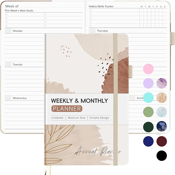 Undated Weekly Planner for 2025, Forvencer Simplified Weekly & Monthly Calendar Planner, Cute Daily Organizer Notebook, Agenda Journal to Track Goals & Tasks, Start Anytime, A5 Size, Brown Leaf-DeskLoop Office