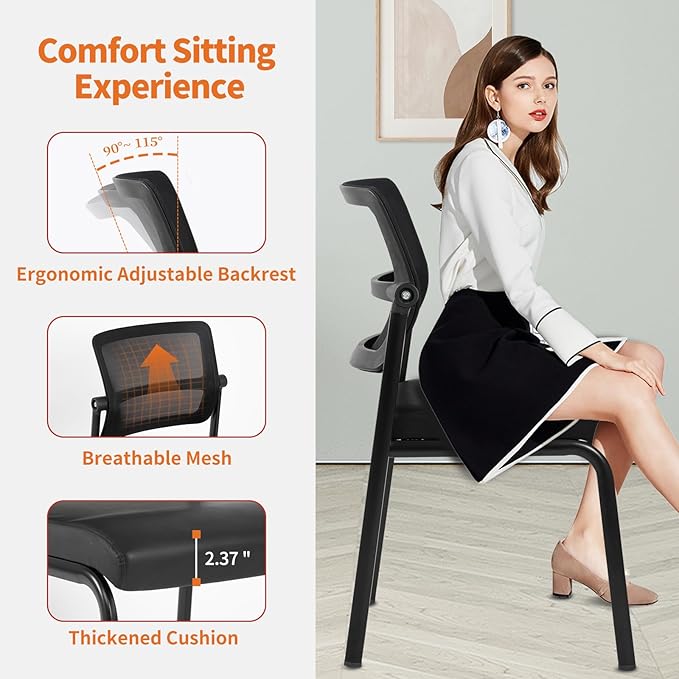 CLATINA Stacking Waiting Room Chairs, Adjustable Mesh Backrest Armless Office Guest Reception Chair with Leather Cushion and Ergonomic Lumbar Support for Conference Lobby Side School Classroom, 4PK-DeskLoop Office