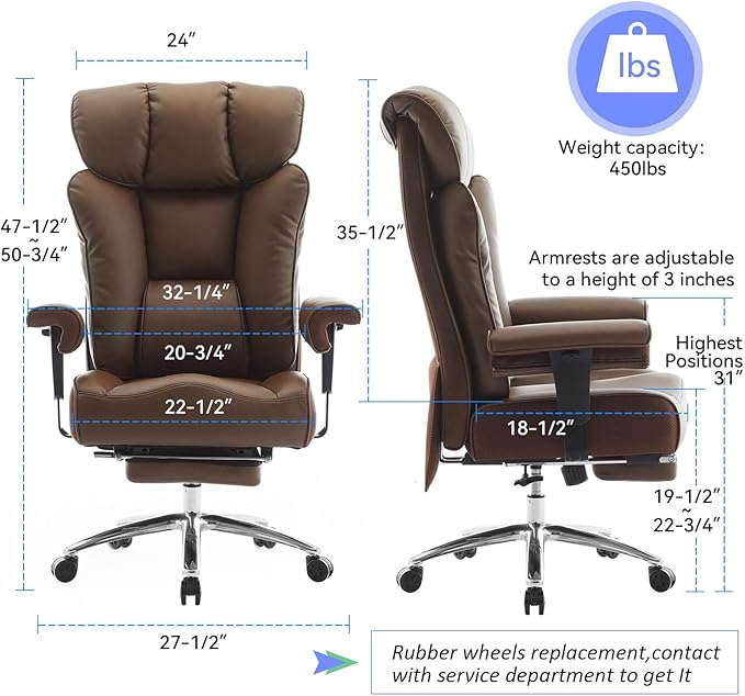 Big and Tall Ergonomic Office Chair 450LBS with Foot Rest, High Back PU Leather Executive Chair with Adjustable Padded Armrests, Lumbar Support for Home or Work, Heavy Duty Computer Chair, Brown-DeskLoop Office