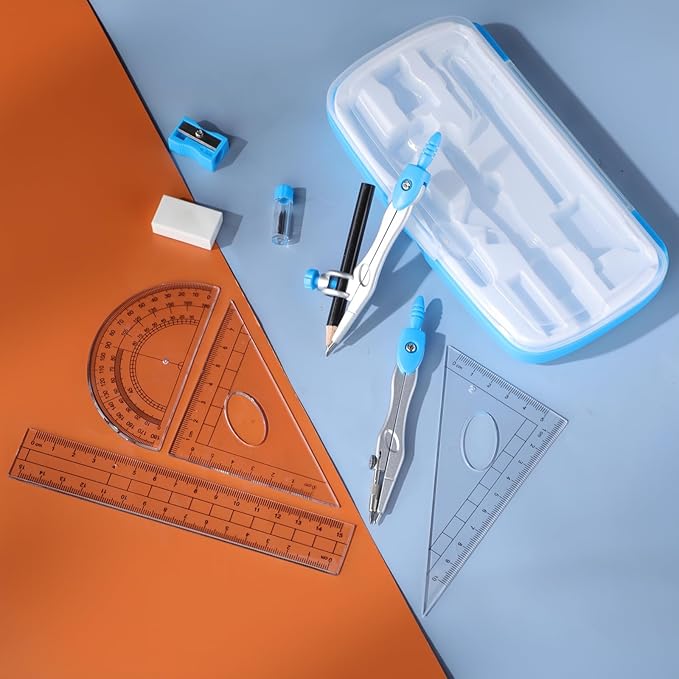 Zonon Math Geometry Set 10 Pcs Student Supplies with Shatterproof Storage Box, Includes Rulers Protractor Compass Pencil Sharpener Lead Refills Eraser Pencil for Drafting and Drawings(Blue)-DeskLoop Office
