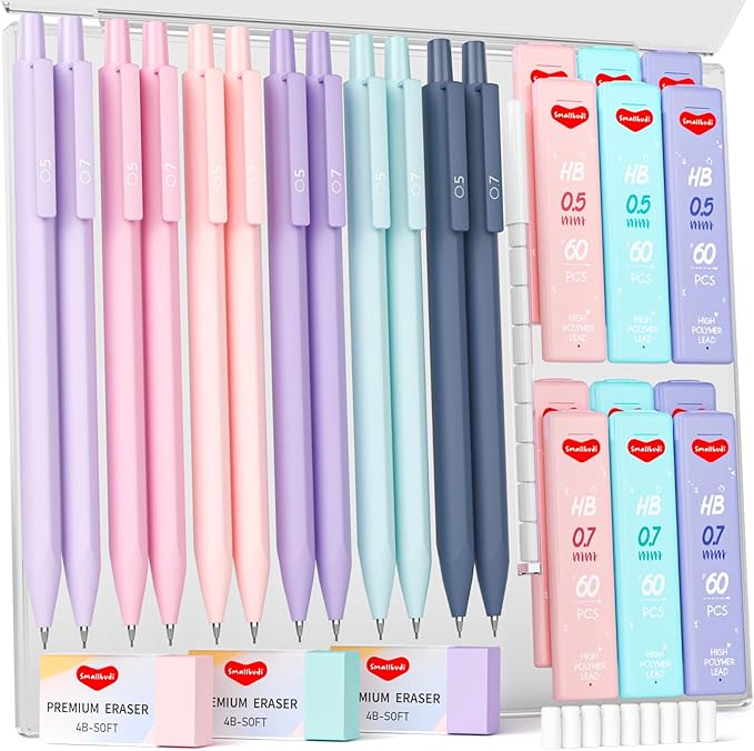 12PCS 0.5 & 0.7 mm Mechanical Pencils Set with Case, Cute Pastel Mechanical Pencil with 720PCS HB Lead Refills, 3 Erasers, Aesthetic Back to School Supplies for Student Writing Drafting-DeskLoop Office