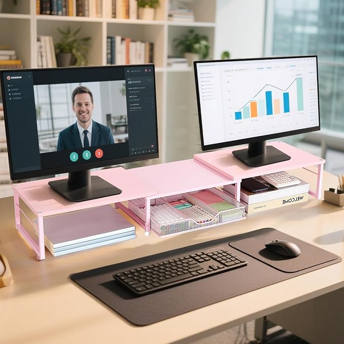 Dual Monitor Stand Riser, Desk Organizer with Drawer, Office Desk Organizers and Accessories, Office Workspace Organization Computer Monitor Stand for Laptop, Printer, TV(Pink)-DeskLoop Office