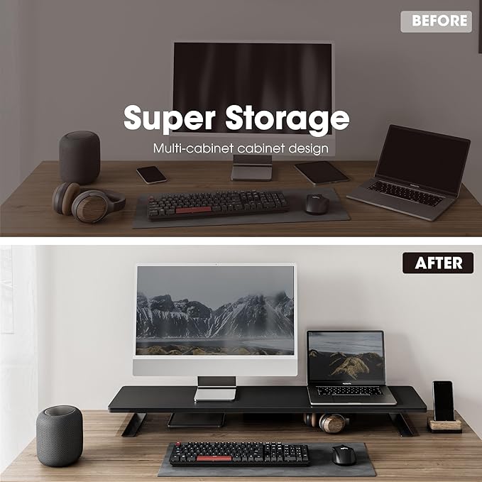 Fenge Dual Monitor Stand Riser, 42.5 Inch Desk Top Shelf for 2 Monitors, Computer Stands for Desk, Wood & Steel Desktop Riser for Laptop, PC, Printer-DeskLoop Office