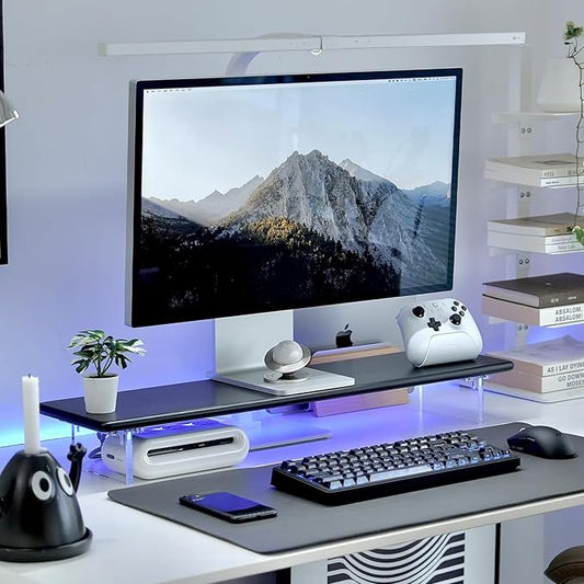 Bamboo Monitor Stand Riser with RGB Lights,31.5 Inches Desktop Shelf with Acrylic Legs Supports for Desk, PC Computer Monitor, Laptops, Printer, Speakers (Black)-DeskLoop Office