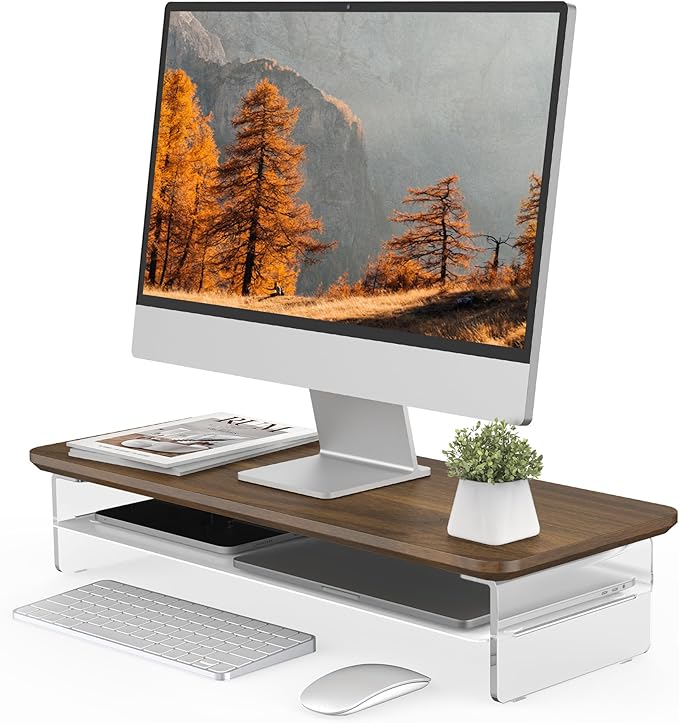 Fenge Acrylic Monitor Stand Riser, 23.6 Inches Monitor Stand with Metal Storage, 2 Tier Acrylic Computer Riser for Desk, Clear Laptop Stand for PC, Laptop, Printer, TV-DeskLoop Office