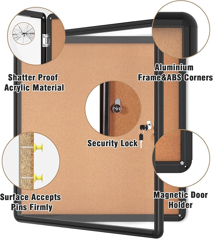 28"x26" Enclosed Bulletin Board, Lockable Weather-Resistant Aluminum Cork Noticeboard for School & Office, Black Frame w/Cork-DeskLoop Office