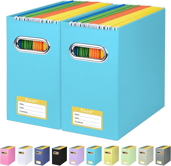 BALEINE File Organizer Box, Cardboard File Folder Organizer with Handle for Letter Size, Portable Collapsible Hanging Filing Box for Home Office Document Storage (2 Pack, Blue)-DeskLoop Office