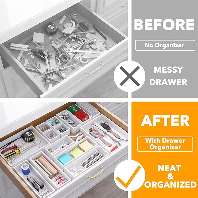 SpaceAid 14-Piece Bamboo Drawer Organizer Storage Boxes Set, Wood Tray Junk Drawer Organizers Multi-Use Divider Bins for Kitchen, Bathroom, Office Desk and Makeup Organization (14 Pack, White)-DeskLoop Office