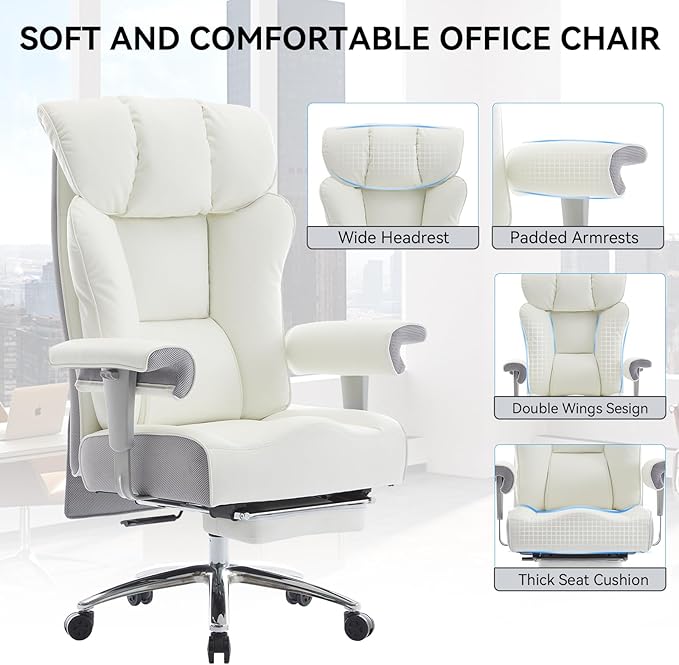 Efomao Big and Tall Office Chair 450LBS with Foot Rest, High Back PU Leather Executive Office Chair with Adjustable Padded Armrests, Lumbar Support for Home or Work, Heavy Duty Computer Chair, White-DeskLoop Office