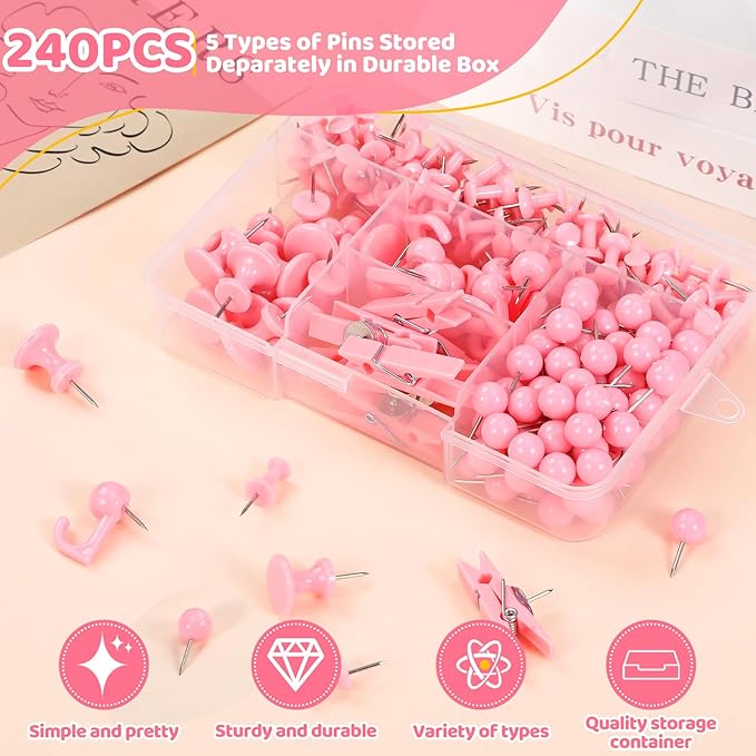 240Pcs Pink Thumb Tacks,5 Style Cute Push Pins, Decorative Push Pins for Bulletin Boards, Cork Board, Pink Office Supplies, Office Decor-DeskLoop Office
