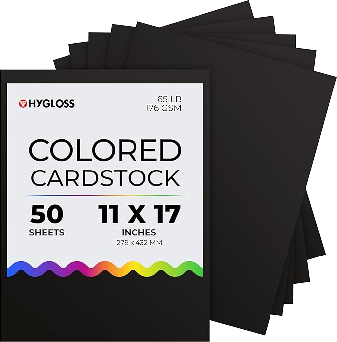 Hygloss Black Cardstock - 11x17-Inch, 50 Sheets, 65 lb/ 176 gsm, Fade-Resistant, Acid-Free Color Card Stock Paper-DeskLoop Office