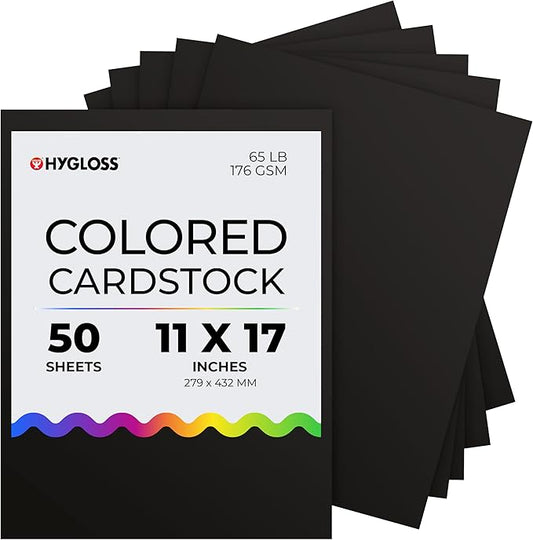 Hygloss Black Cardstock - 11x17-Inch, 50 Sheets, 65 lb/ 176 gsm, Fade-Resistant, Acid-Free Color Card Stock Paper-DeskLoop Office