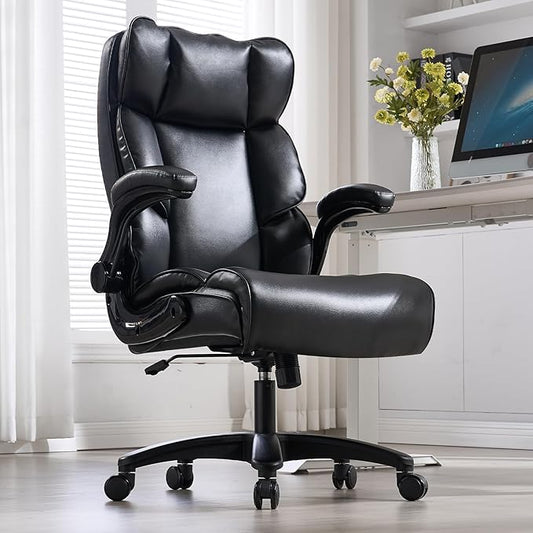 Big and Tall Office Chair 500lbs Wide Seat Executive Office Desk Chair High-Back Office Task Chair with Flip-Up Armrest, Ergonomic Lumbar Support Computer Office Chairs for Heavy People(Black)-DeskLoop Office