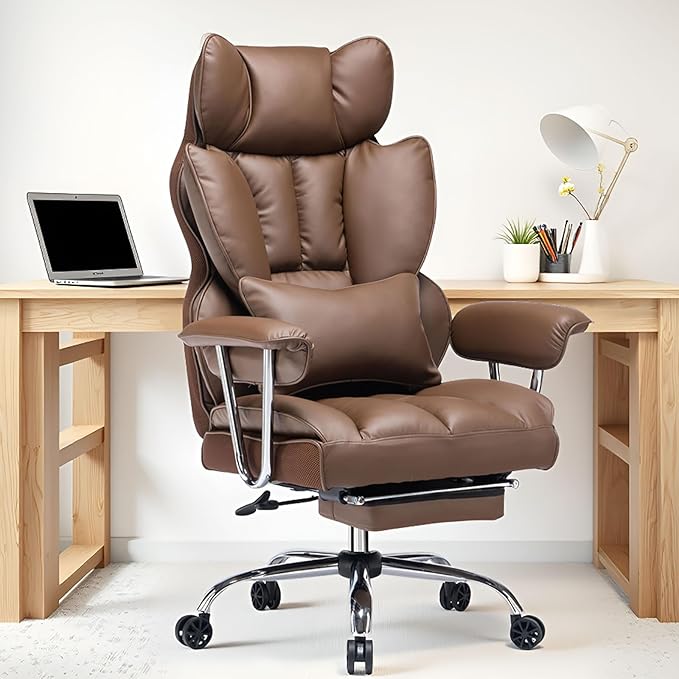 Efomao Big and Tall Office Chair 400lbs – High Back PU Leather Executive Chair with Lumbar Support, Footrest, Swivel Base, Padded Armrests, and Rolling Wheels for Home Office, Brown Computer Chair-DeskLoop Office