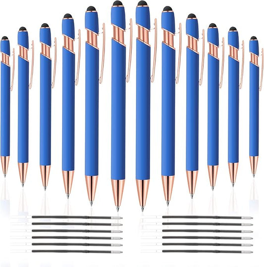 12 PCS 2 in 1 Stylus Ballpoint Pen with Stylus Tip, 1.0 mm Black Ink Metal Pen Stylus Pen for Touch Screens (Rose Gold & Light Blue)-DeskLoop Office