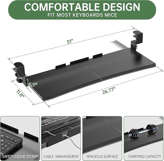 Large Keyboard Tray Under Desk - Slide Out with Sturdy C-Clip Mount System, 27 (31.2 Including Clamps) X 11.81 Put-Out Keyboard Tray Computer Drawer for Ergonomic Typing, Black-DeskLoop Office