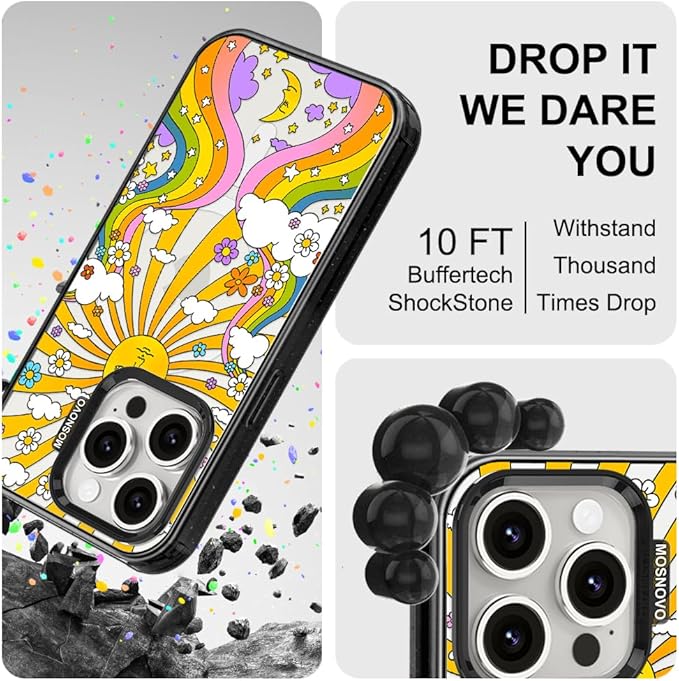 MOSNOVO Magnetic Case for iPhone 15 Pro, 10ft Military-Grade Protection, Compatible with Magsafe, Shockproof Phone Case for iPhone 15 Pro - 70's Psychedelic Groovy Art - Clear Black-DeskLoop Office
