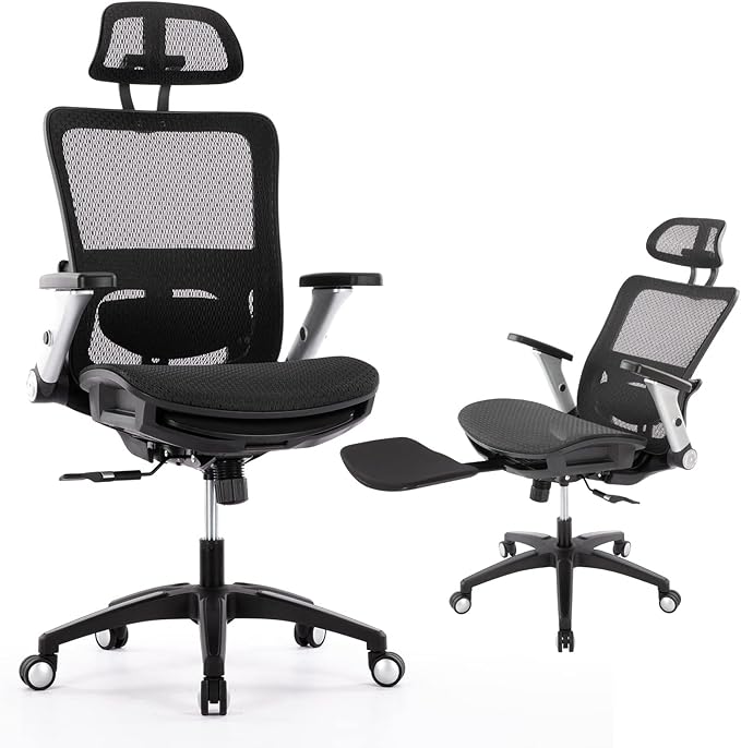 COLAMY Ergonomic Mesh Office Chair with Footrest, High Back Computer Executive Desk Chair with Headrest and 4D Flip-up Armrests, Adjustable Tilt Lock and Lumbar Support-Black-DeskLoop Office