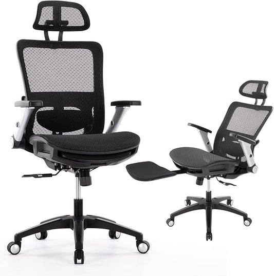 COLAMY Ergonomic Mesh Office Chair with Footrest, High Back Computer Executive Desk Chair with Headrest and 4D Flip-up Armrests, Adjustable Tilt Lock and Lumbar Support-Black-DeskLoop Office