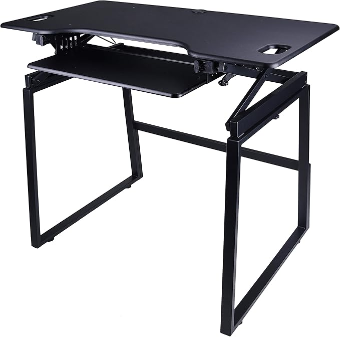 Rocelco 46" Large Height Adjustable Standing Desk BUNDLE - Quick Sit Stand Up Dual Monitor Riser - Tall Gas Spring Assist Computer Workstation - Retractable Keyboard Tray - Black (R DADRB-46-FS2)-DeskLoop Office