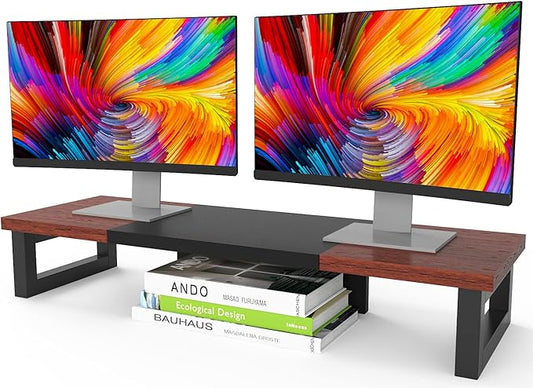 WESTREE Dual Monitor Stand Riser, Wood and Steel Monitor Stand Riser, Computer Monitor Stand for 2 Monitors, Multi-Purpose Desktop Storage Stand for Computer,Laptop,Printer,TV-DeskLoop Office