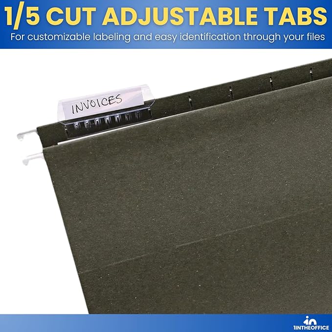 1InTheOffice Green Hanging File Folders Letter Size, Hanging Organizer File Folders, File Cabinet Folders, 1/5 Tabs, 11 pt, 50 Pack-DeskLoop Office