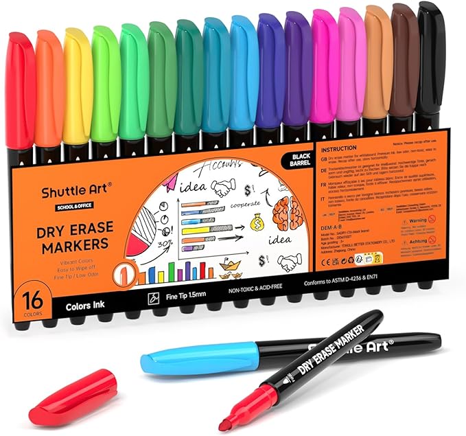 Shuttle Art Dry Erase Markers, 16 Colors Whiteboard Markers,Fine Tip Dry Erase Markers for Kids,Perfect For Writing on Whiteboards, Dry-Erase Boards,Mirrors,Calender, School Office Supplies-DeskLoop Office