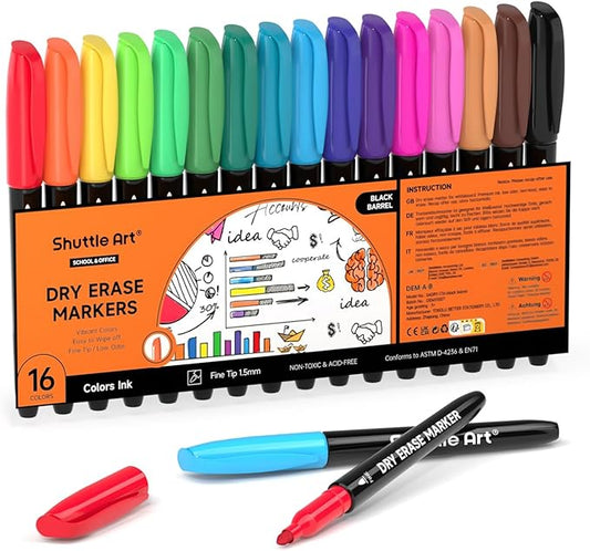 Shuttle Art Dry Erase Markers, 16 Colors Whiteboard Markers,Fine Tip Dry Erase Markers for Kids,Perfect For Writing on Whiteboards, Dry-Erase Boards,Mirrors,Calender, School Office Supplies-DeskLoop Office
