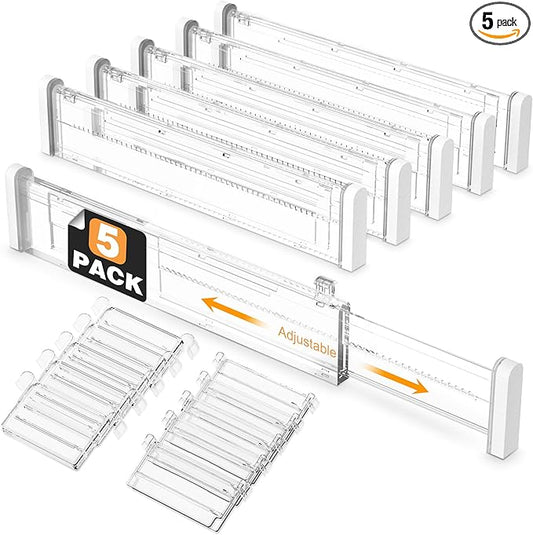 HiYZ Expandable Drawer Dividers with Inserts - Adjustable Drawer Organizers Separators for Kitchen, Bedroom, Dresser, Office, 8 Long Dividers(12.6-22.8 IN) with 10 Inserts(3.9-7.1 IN) - Clear-DeskLoop Office