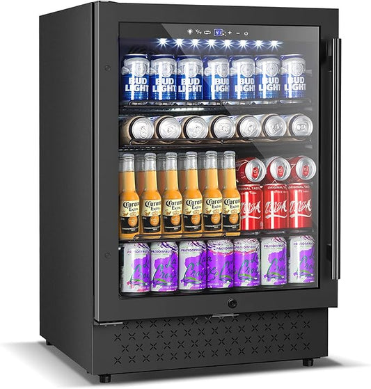 24 Inch Beverage Refrigerator, 5.2 Cu. Ft. Drink Refrigerator with Glass Door, 200 Cans Under Counter & Freestanding Drink Fridge, Reversible Door, Built-In Beverage Cooler for Kitchen, Bar or Office.-DeskLoop Office