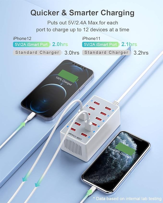 USB Charger 12-Ports Charging Station for Multiple Devices USB Wall Charger Power Hub Strip Smart Plug Charging Dock Block for iPhone Xs/XR,iPad,iPod,Galaxy S9/S8,Smart Phones 60W-DeskLoop Office