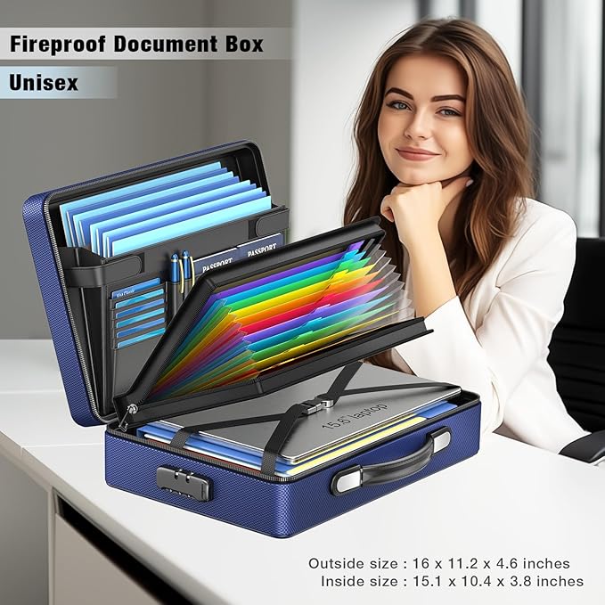 Fireproof Document Box with Fireproof Zipper, Hard Inner Shell Fireproof Document Bag with Lock, Fireproof Water Resistant Important Document Organizer 16 inch Laptop File Briefcase (Blue)-DeskLoop Office