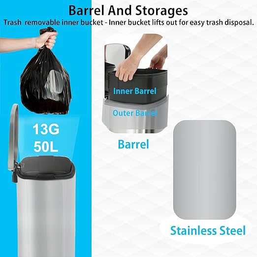PayLessHere 13 Gallon (50L) in Home Recycling Bin Kitchen Stainless Steel Recycling Bin with Lid Removable Inner Bucket Foot Pedal Soft Close for Office Home Kitchen Garbage Can Trash Bin-DeskLoop Office