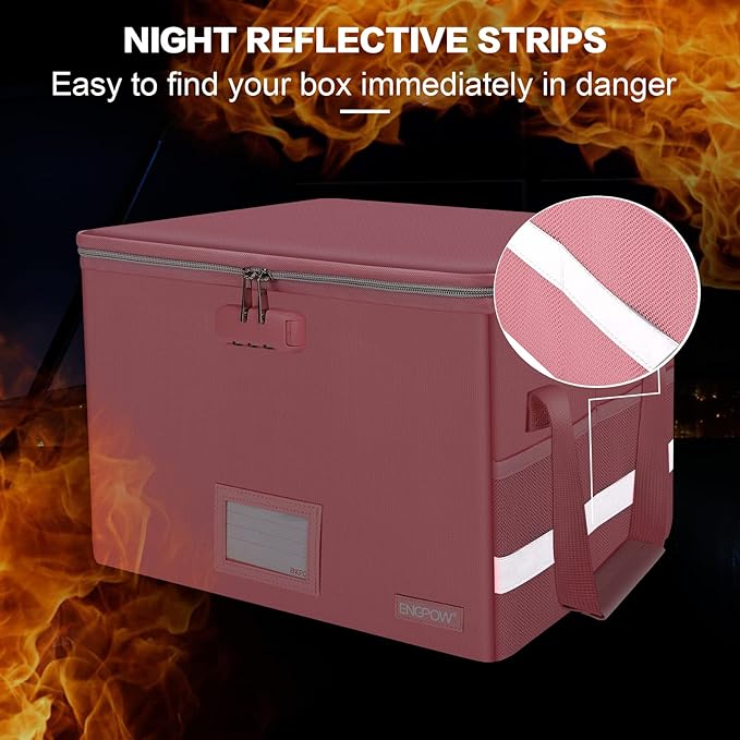ENGPOW File Box with Lock, Fireproof Document Box with Zipper&Pockets, Collapsible File Organizer Filing Storage Cabinet with Handle, Portable Home Office Safe for Hanging Letter/Legal Folder, Pink-DeskLoop Office